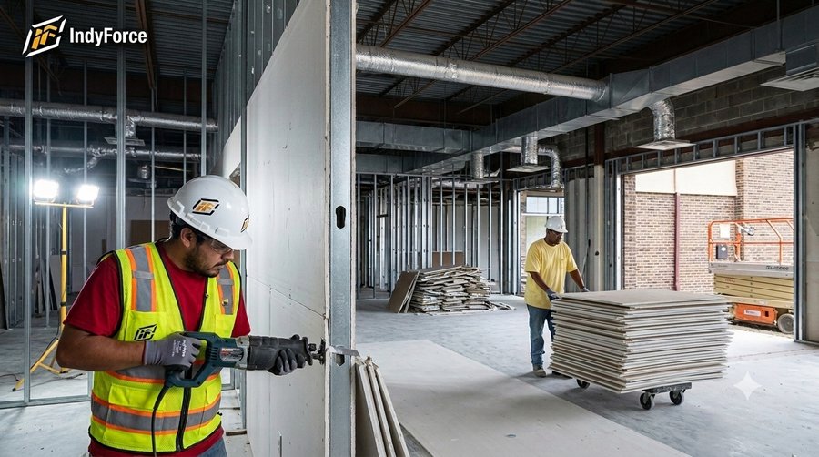 IndyForce crew performing interior demolition on a commercial job site